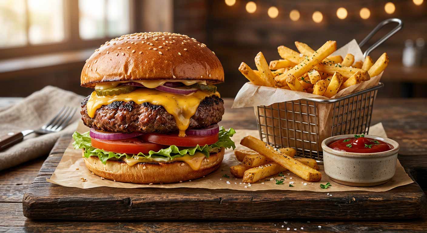 Cheeseburger mit Pommes frites im Körbchen auf einem Holzbrett