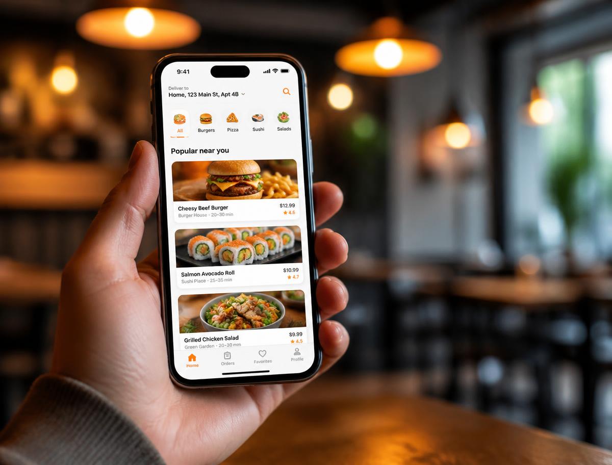 Gast bestellt Essen per Smartphone im Online-Shop des Restaurants